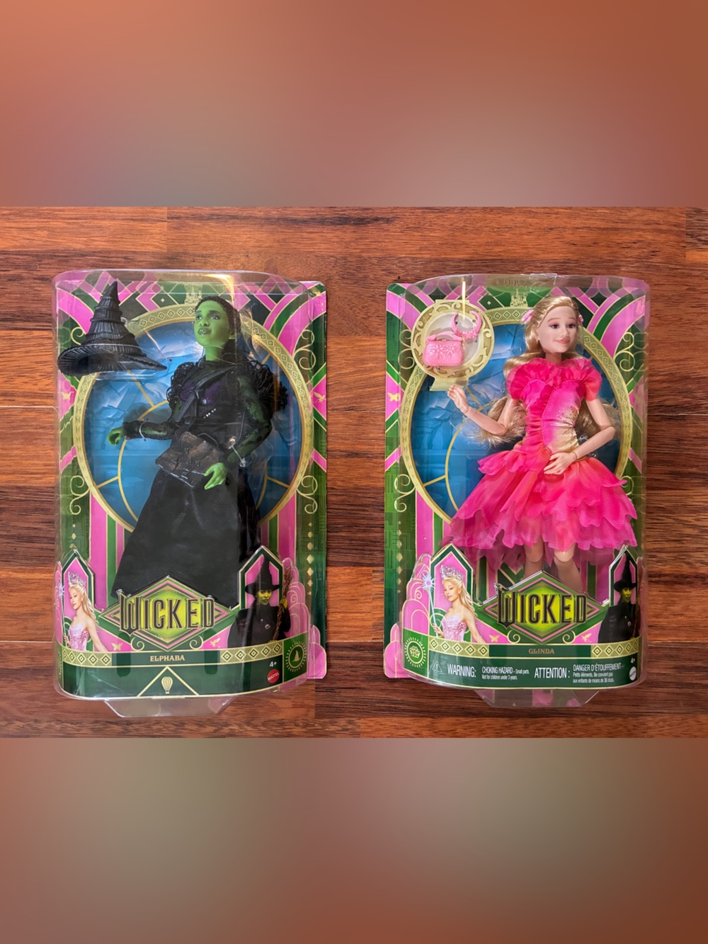 Mattel Wicked Elphaba (Green & Black) and Glinda (Pink) Dolls